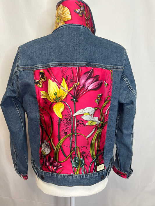GG Designer Scarf Vibrant  Botanical Pink on Blue Denim Jacket Size Small