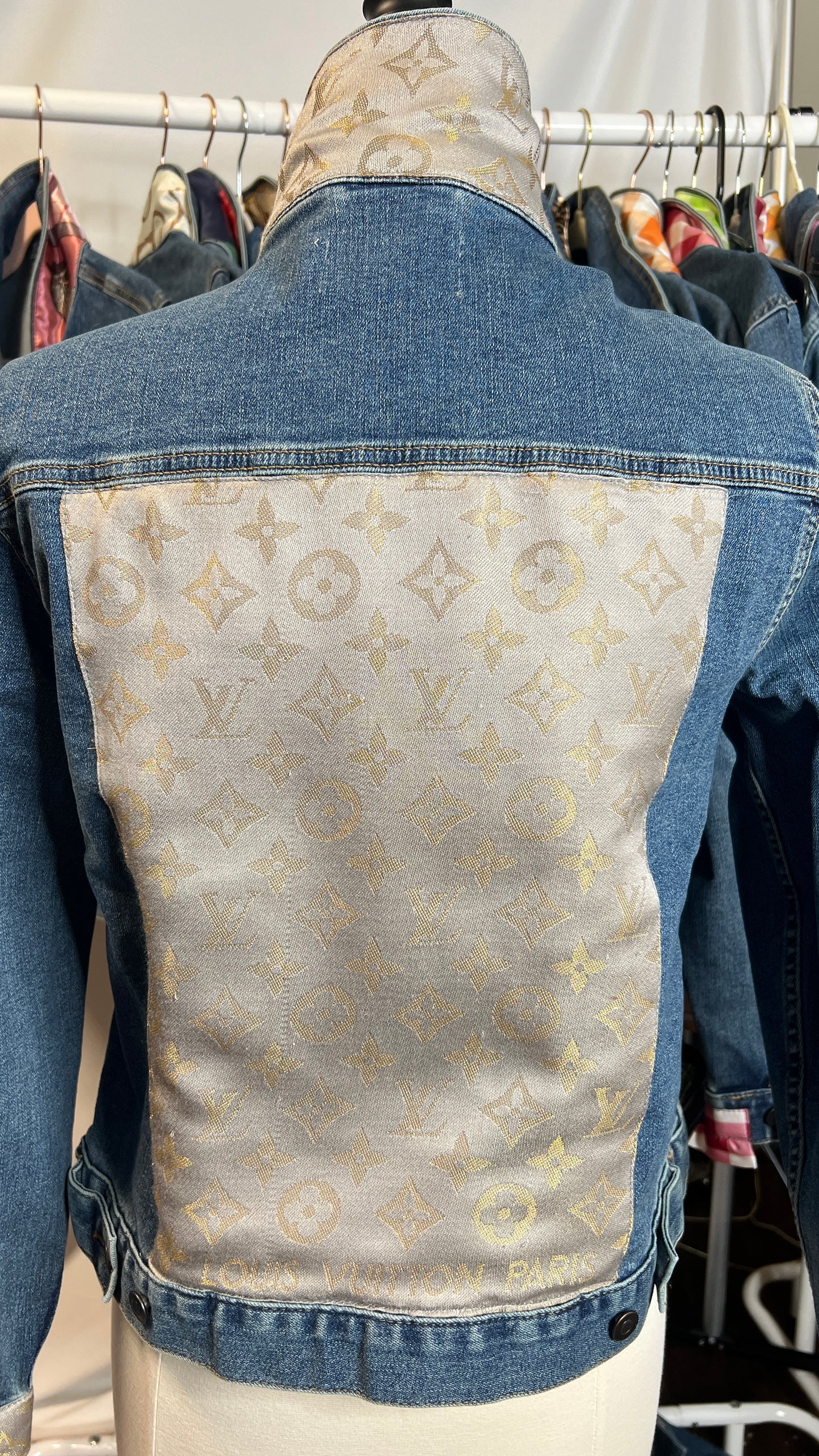 Designer Scarf Denim Jacket | Neutral LV Silk with Gold Thread