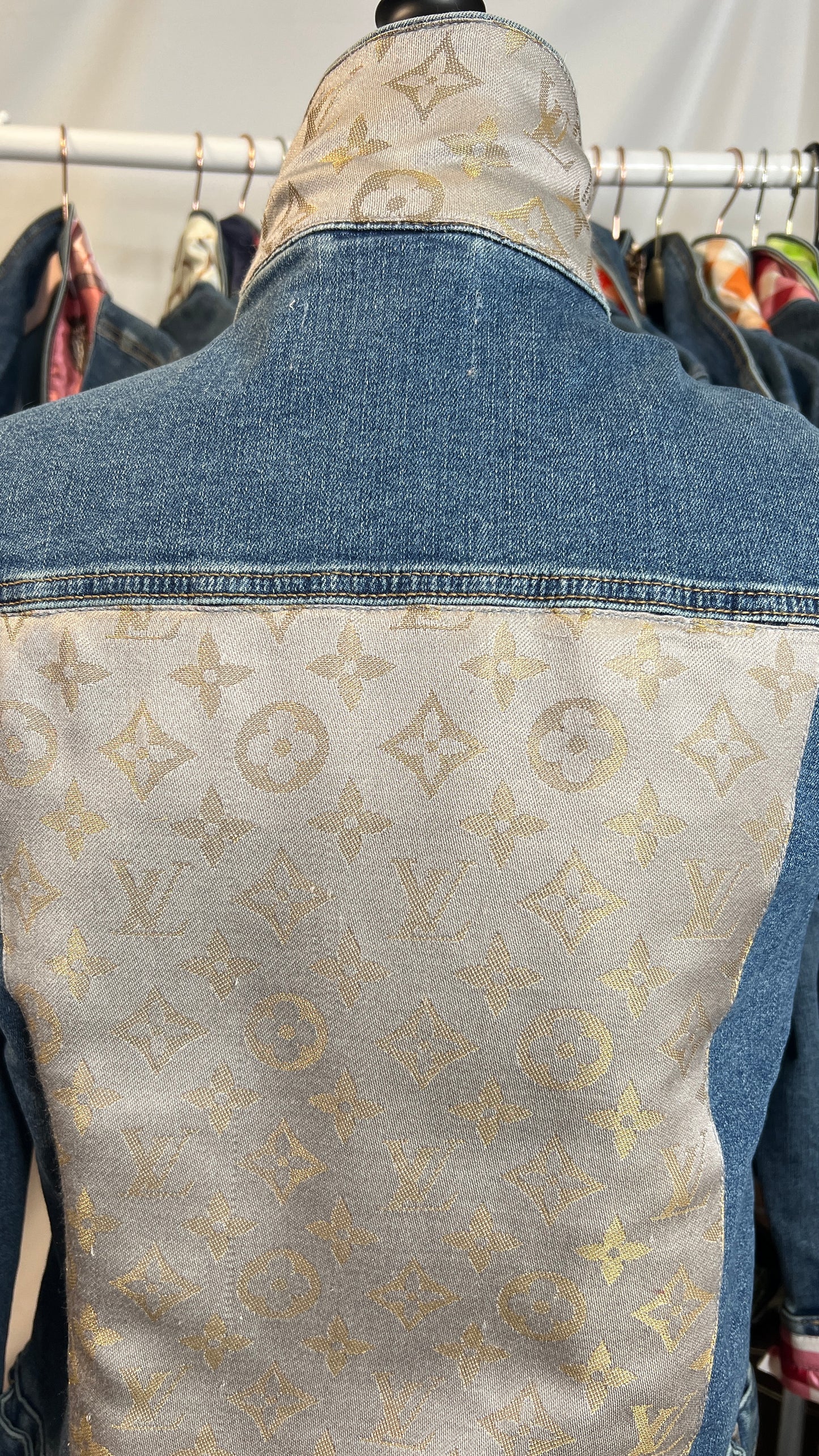 Designer Scarf Denim Jacket | Neutral LV Silk with Gold Thread