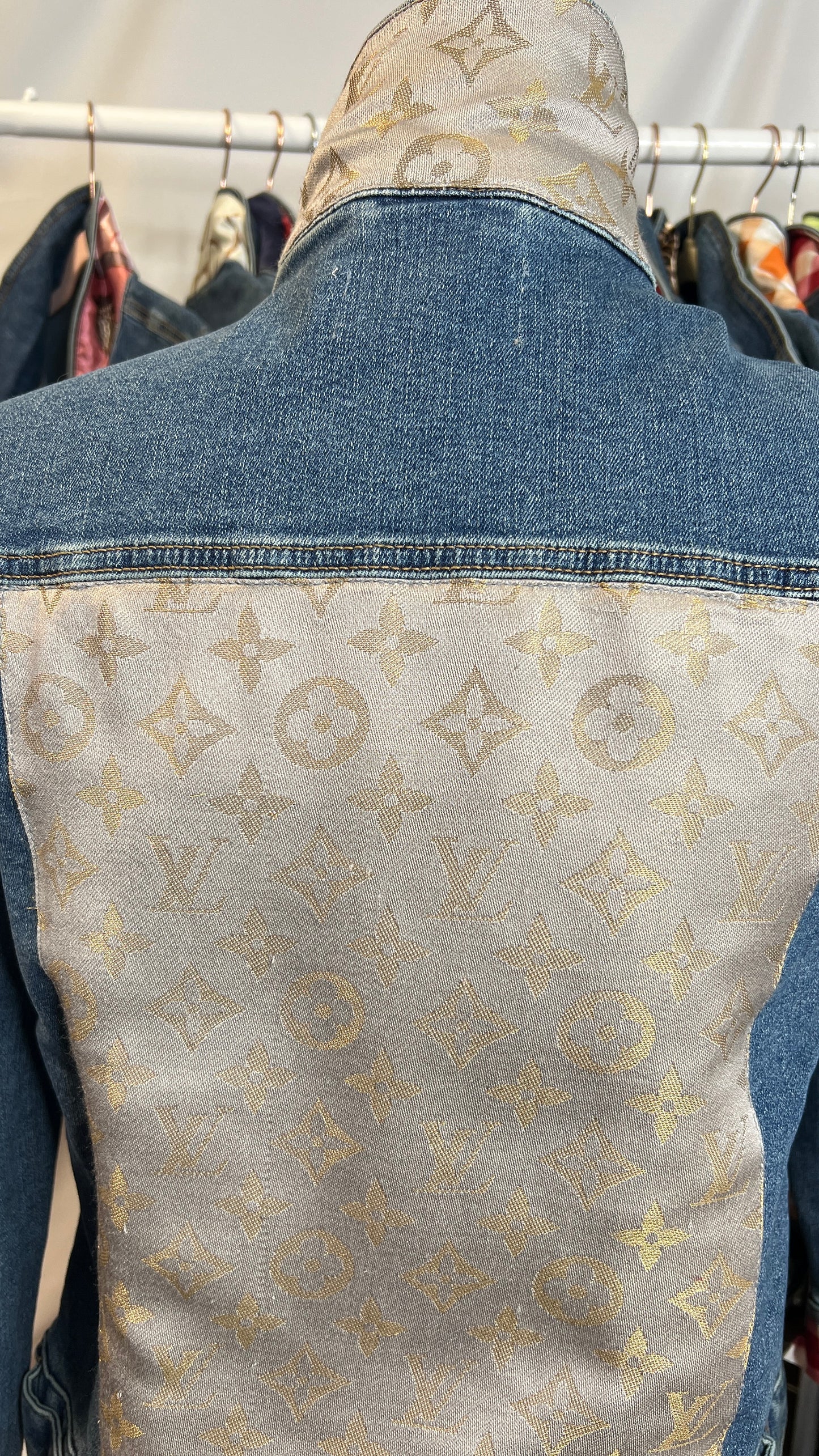 Designer Scarf Denim Jacket | Neutral LV Silk with Gold Thread