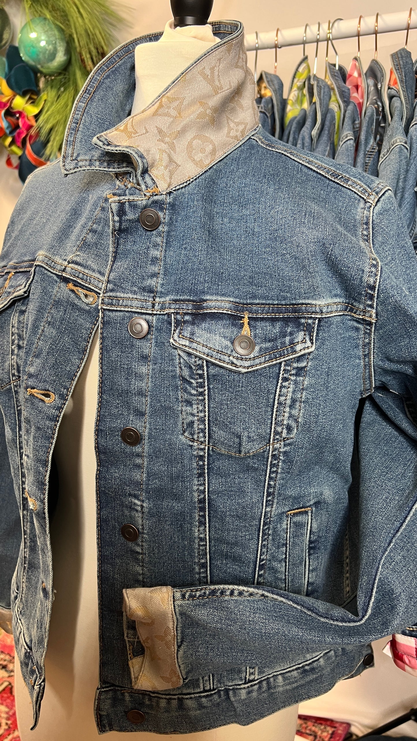 Designer Scarf Denim Jacket | Neutral LV Silk with Gold Thread