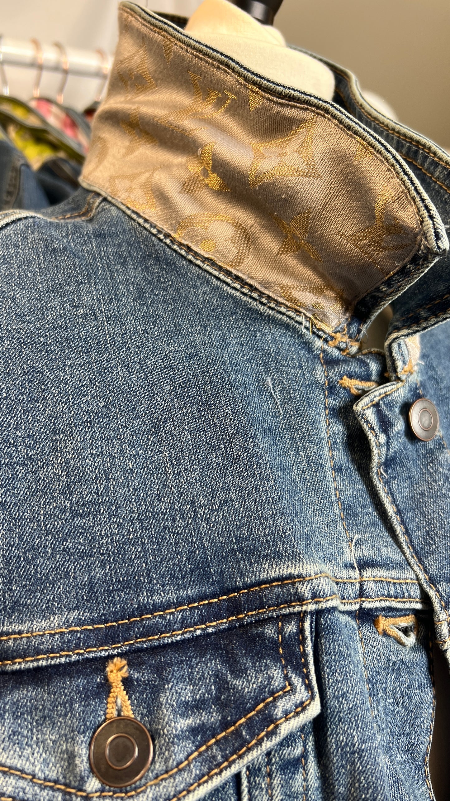 Designer Scarf Denim Jacket | Neutral LV Silk with Gold Thread