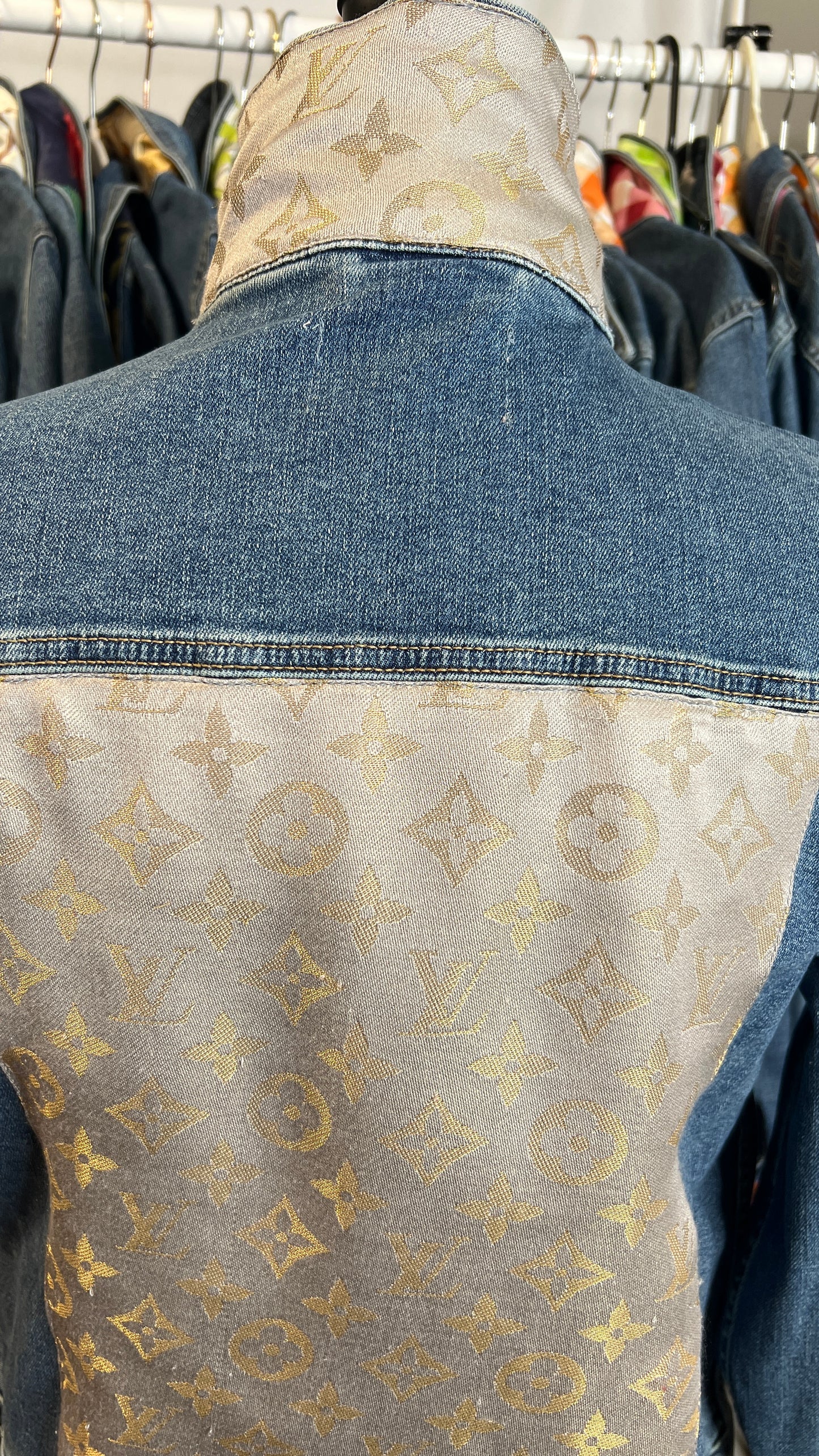 Designer Scarf Denim Jacket | Neutral LV Silk with Gold Thread