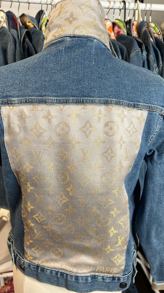 Designer Scarf Denim Jacket | Neutral LV Silk with Gold Thread