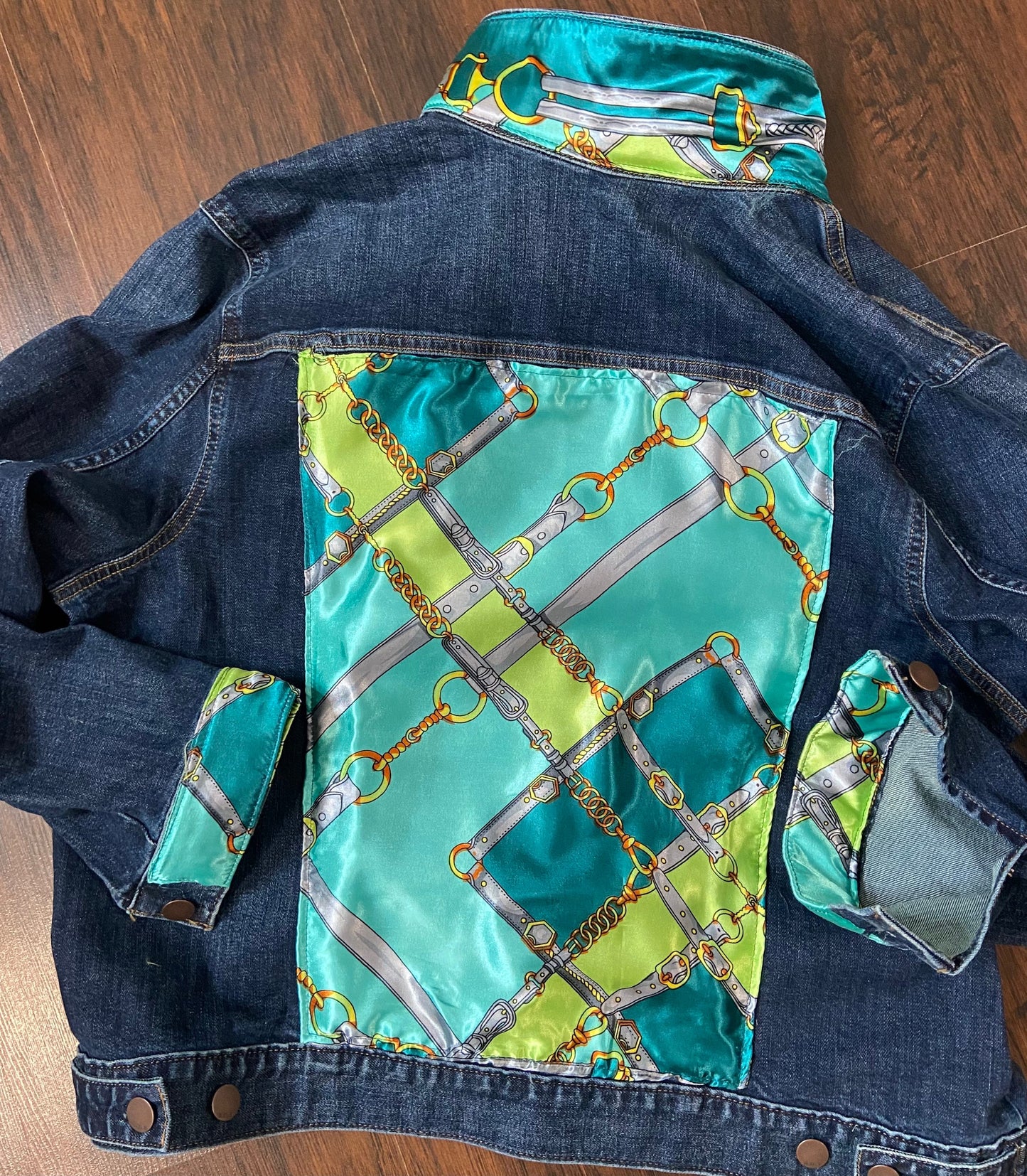 Bridles and Bits-Light Green-designer inspired scarf embellished on a medium  blue denim jacket Denim Jacket Silk Scarf Equestrian Designer