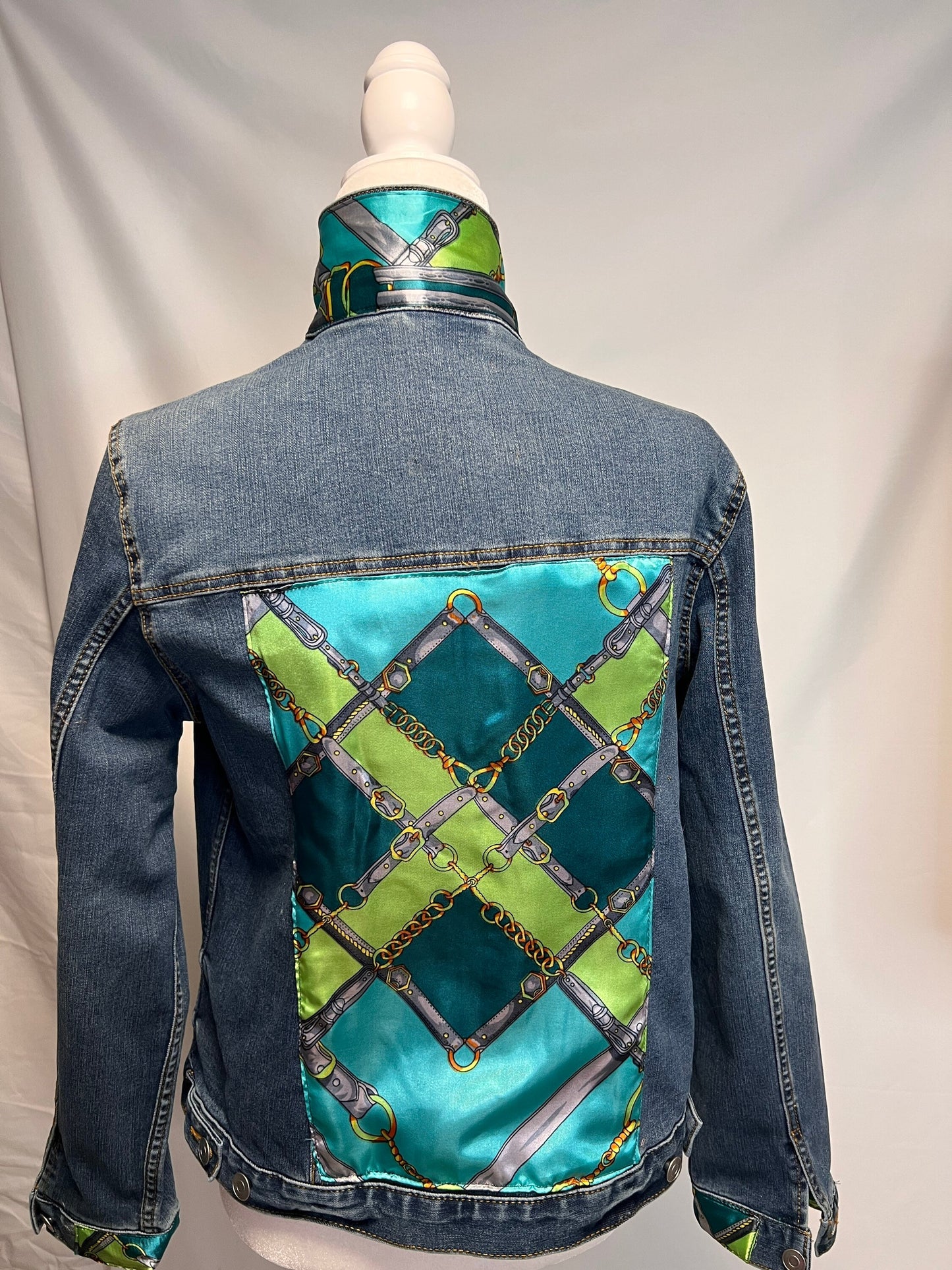 Bridles and Bits-Light Green-designer inspired scarf embellished on a medium  blue denim jacket Denim Jacket Silk Scarf Equestrian Designer
