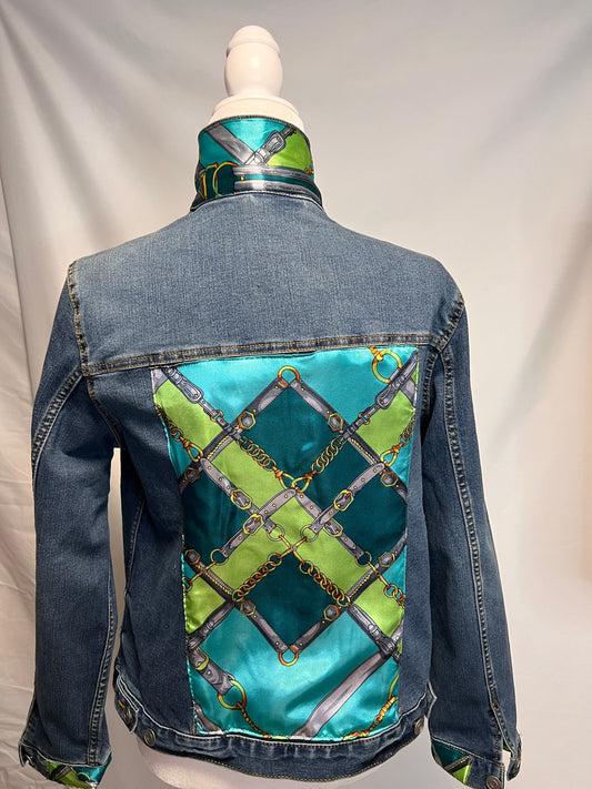 Bridles and Bits-Light Green-designer inspired scarf embellished on a medium  blue denim jacket Denim Jacket Silk Scarf Equestrian Designer