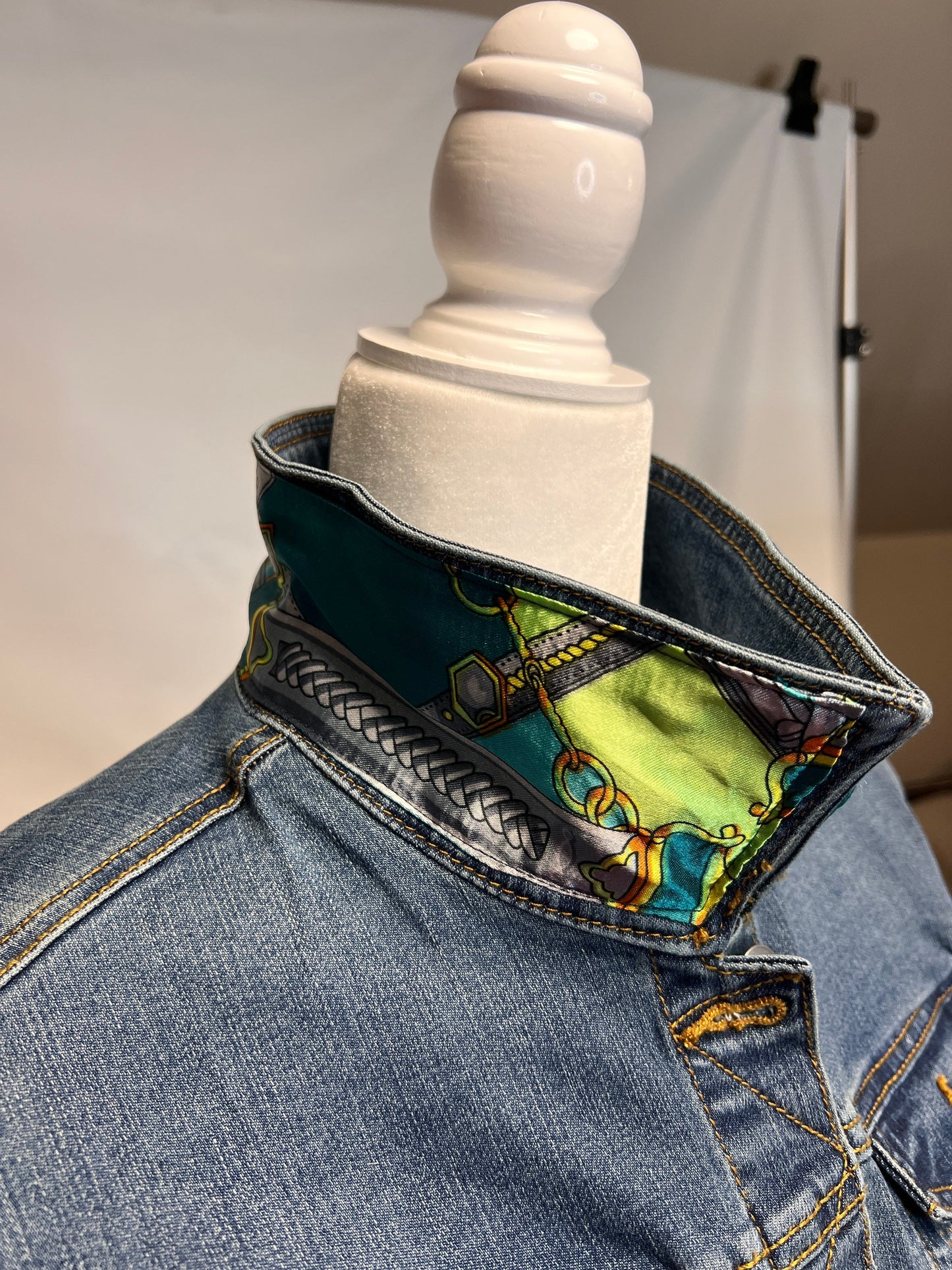 Bridles and Bits-Light Green-designer inspired scarf embellished on a medium  blue denim jacket Denim Jacket Silk Scarf Equestrian Designer