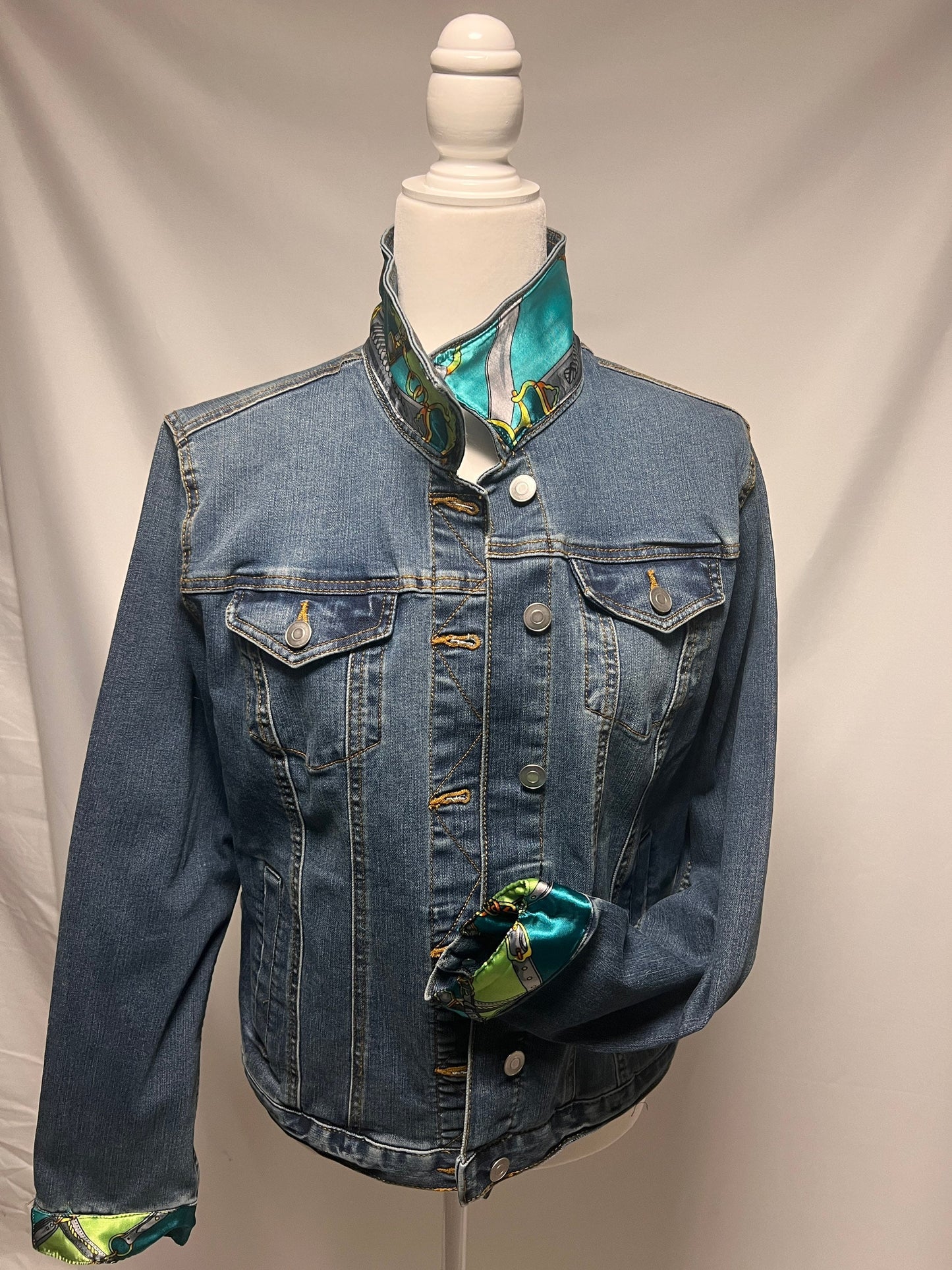 Bridles and Bits-Light Green-designer inspired scarf embellished on a medium  blue denim jacket Denim Jacket Silk Scarf Equestrian Designer