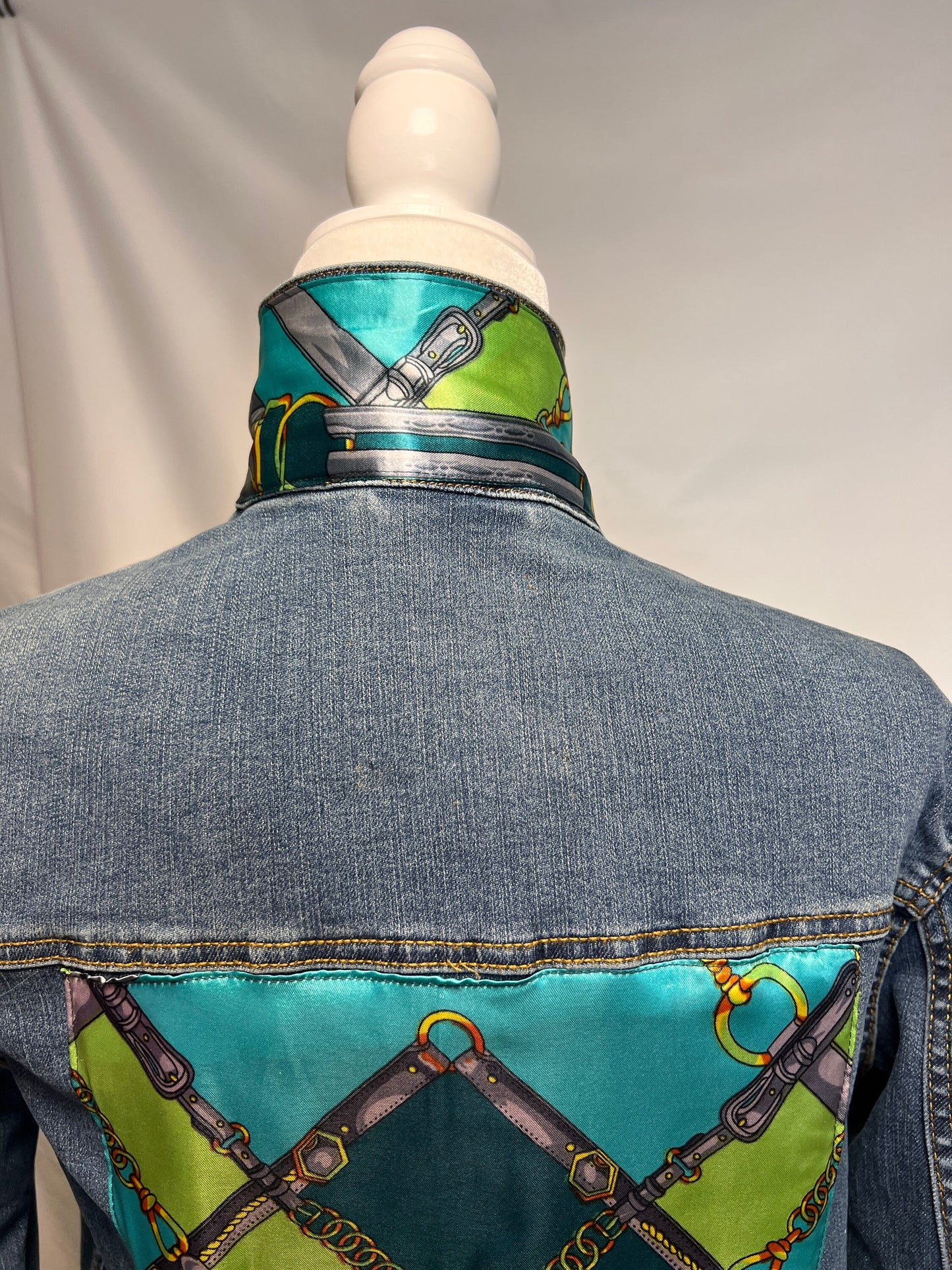 Bridles and Bits-Light Green-designer inspired scarf embellished on a medium  blue denim jacket Denim Jacket Silk Scarf Equestrian Designer