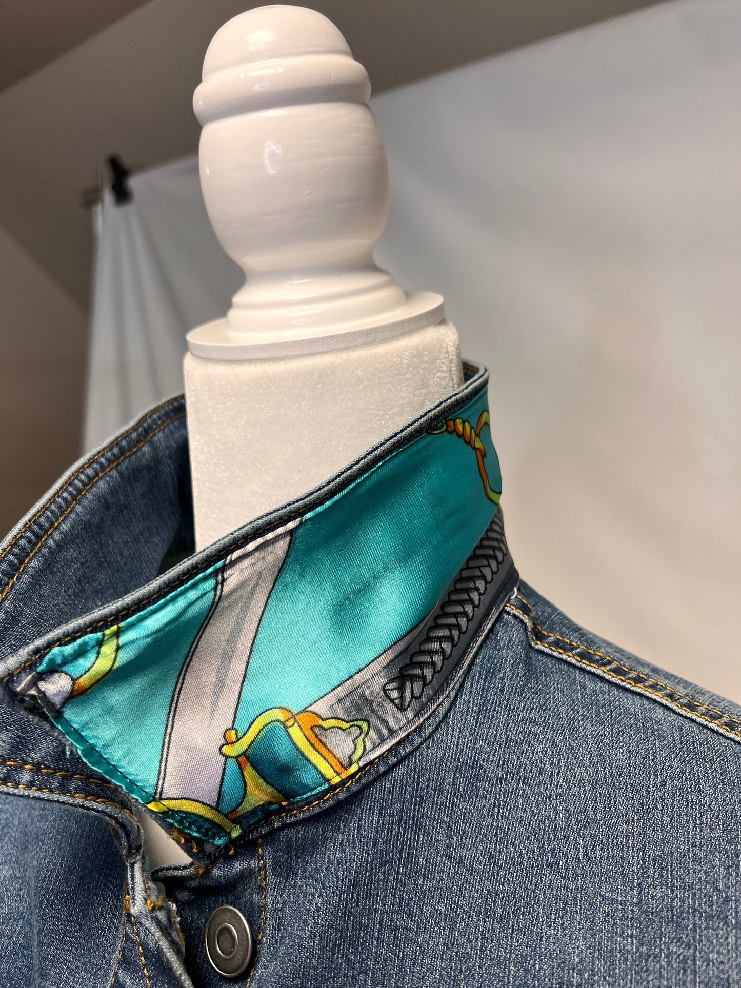 Bridles and Bits-Light Green-designer inspired scarf embellished on a medium  blue denim jacket Denim Jacket Silk Scarf Equestrian Designer