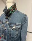GG Designer Botanical Black Scarf on Blue Denim Jacket