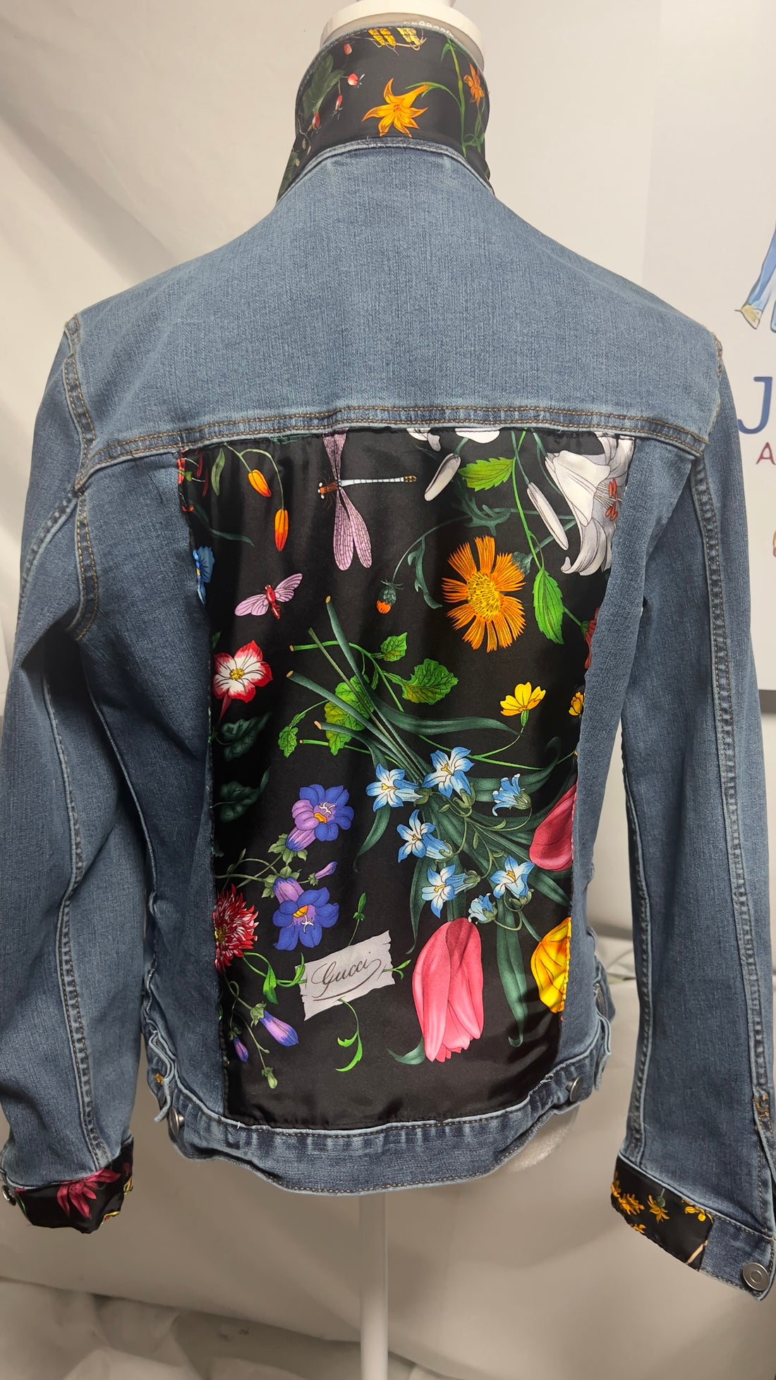 GG Designer Botanical Black Scarf on Blue Denim Jacket – J.Coffey and ...