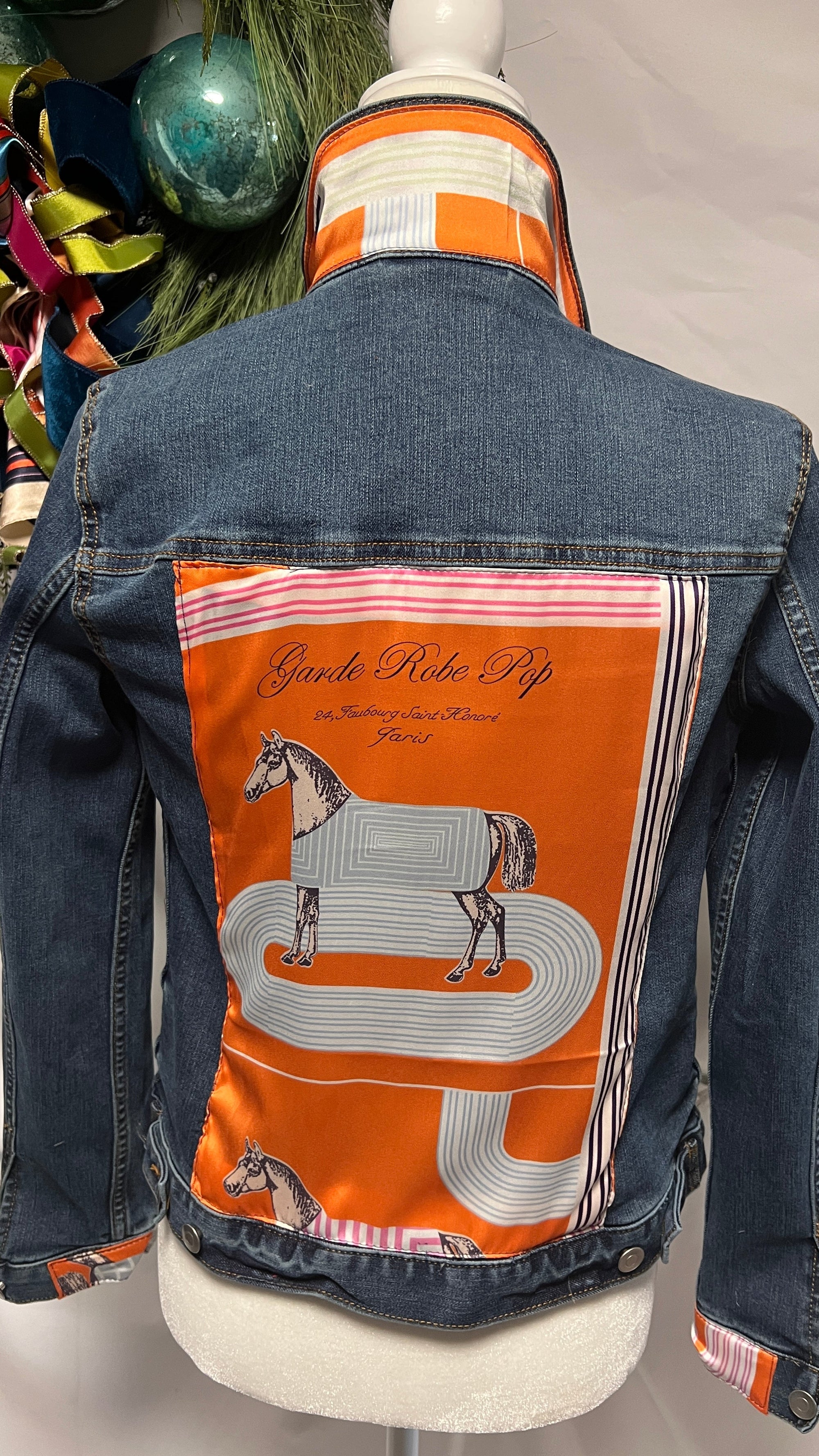 Horse Track French Scarf Classic Equestrian Orange blue Denim Jacket