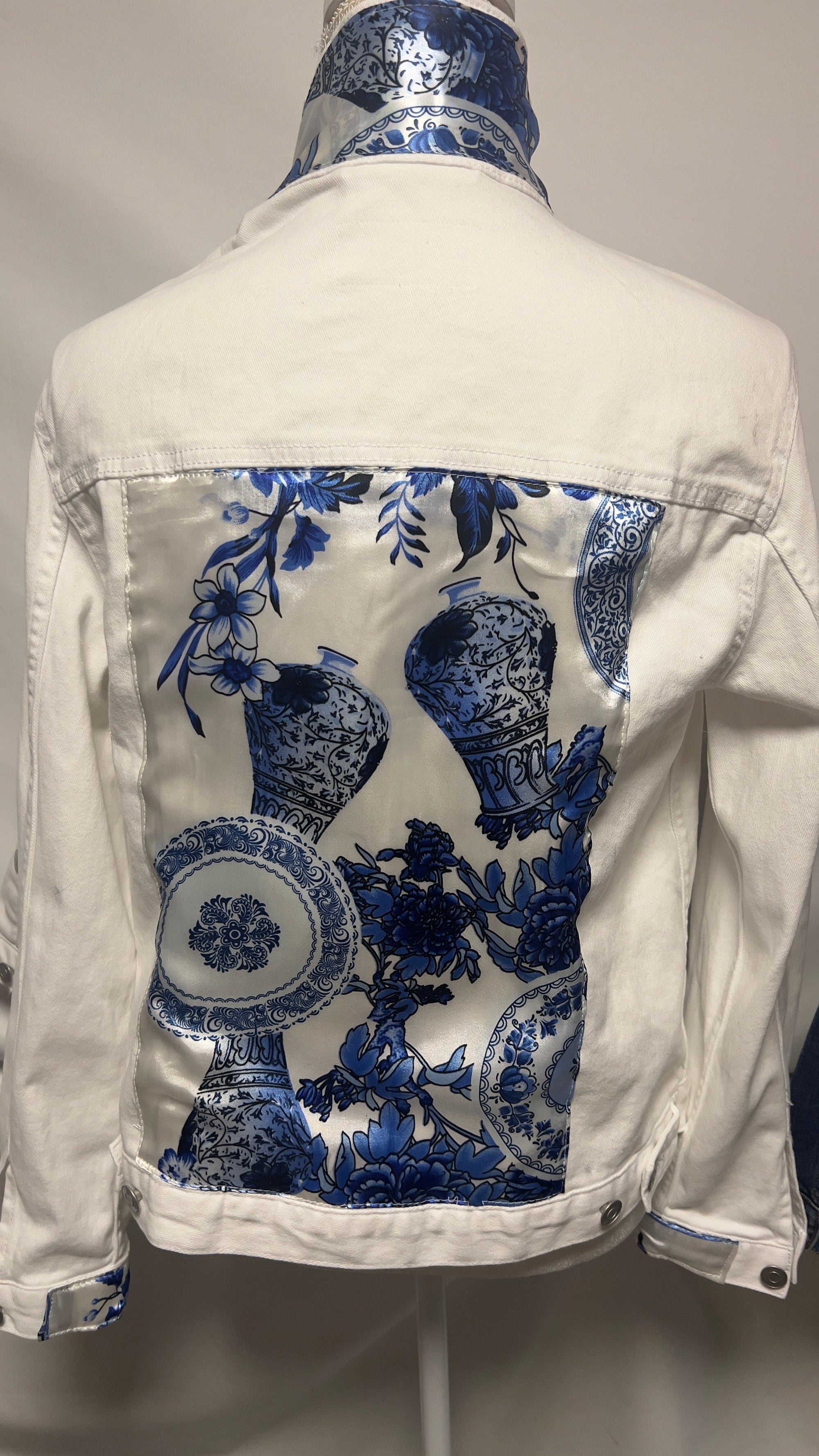 Grand Millennial Blue &amp; White Chinoiserie Scarf on  Denim Jacket