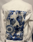 Grand Millennial Blue & White Chinoiserie Scarf on  Denim Jacket