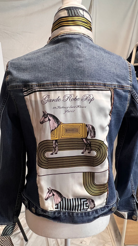 A beautiful denim jacket embellished with a silk equestrian scarf on back, cuff and collar.