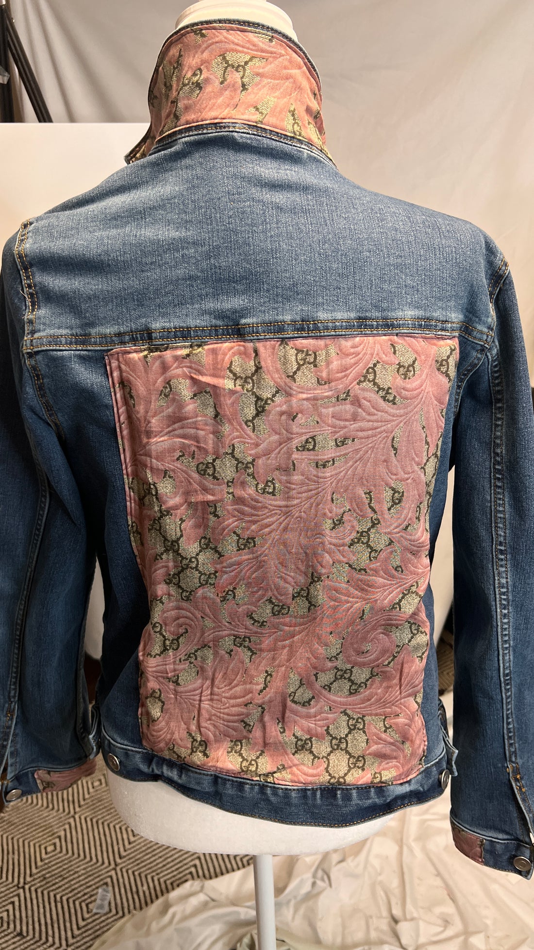 Gucci Pink and Tan Monogram Scarf on Denim Jacket S / White