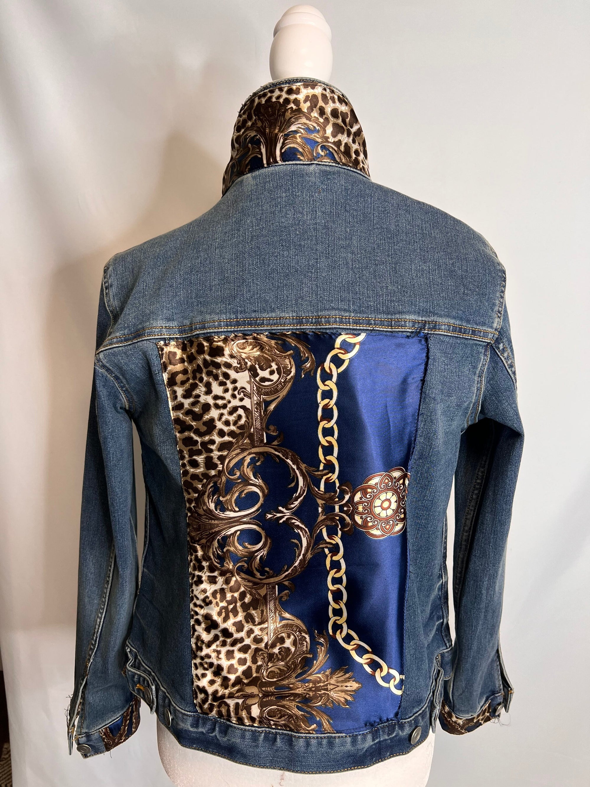 Blue, Gold and Leopard Print Scarf on  Denim Jacket