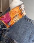 Pink and Orange Tassels Denim Jacket Silk Scarf Designer Scarf Jean Jacket
