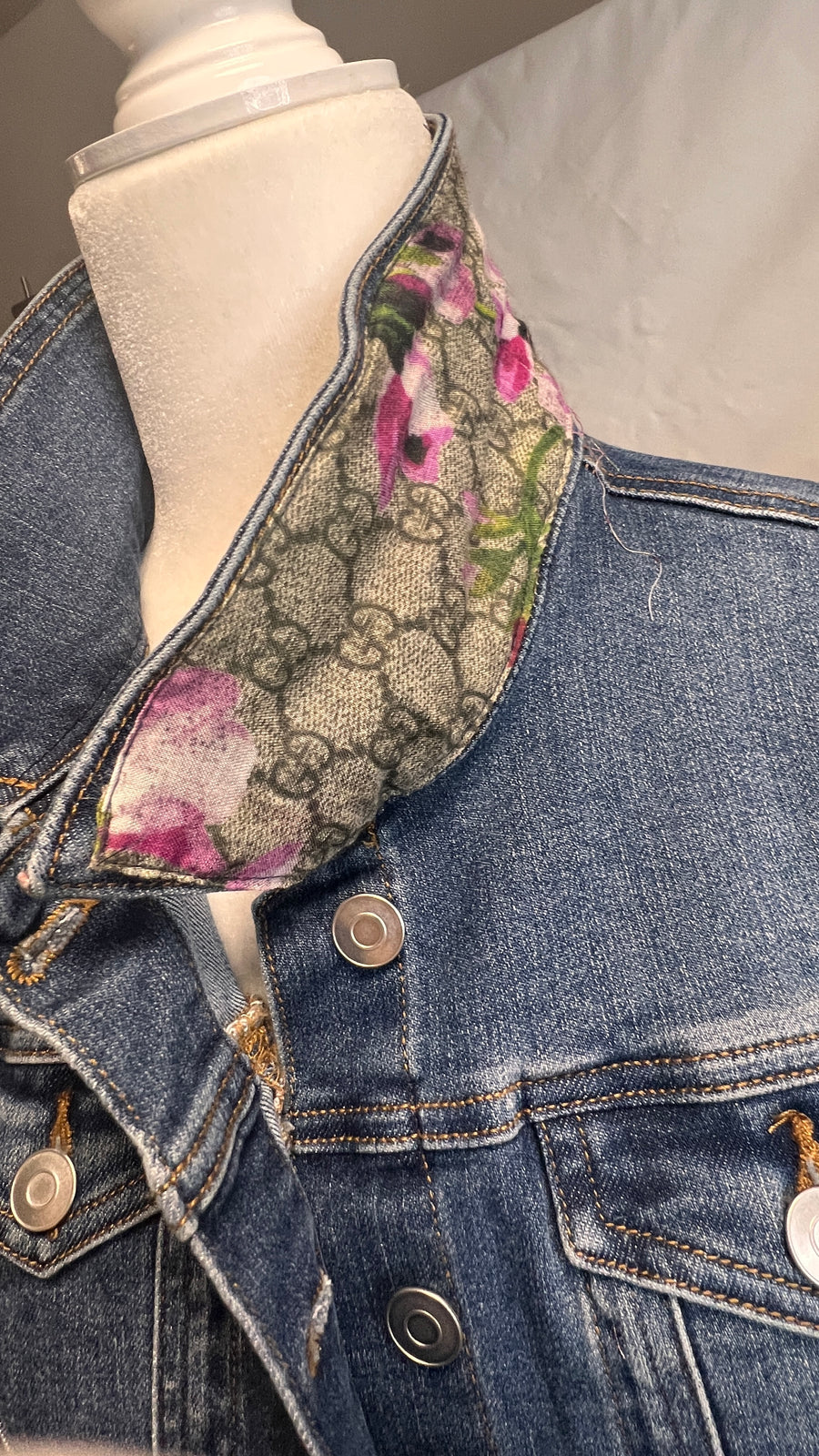 J.Coffey and Company Gucci Pink Hydrangea Bloom Scarf Denim Jacket Xs / Blue / Pink Hydrangea Scarf