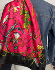 GG Designer Scarf  Botanical Pink on Blue Denim Jacket