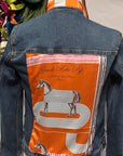 Horse Track French Scarf Classic Equestrian Orange blue Denim Jacket