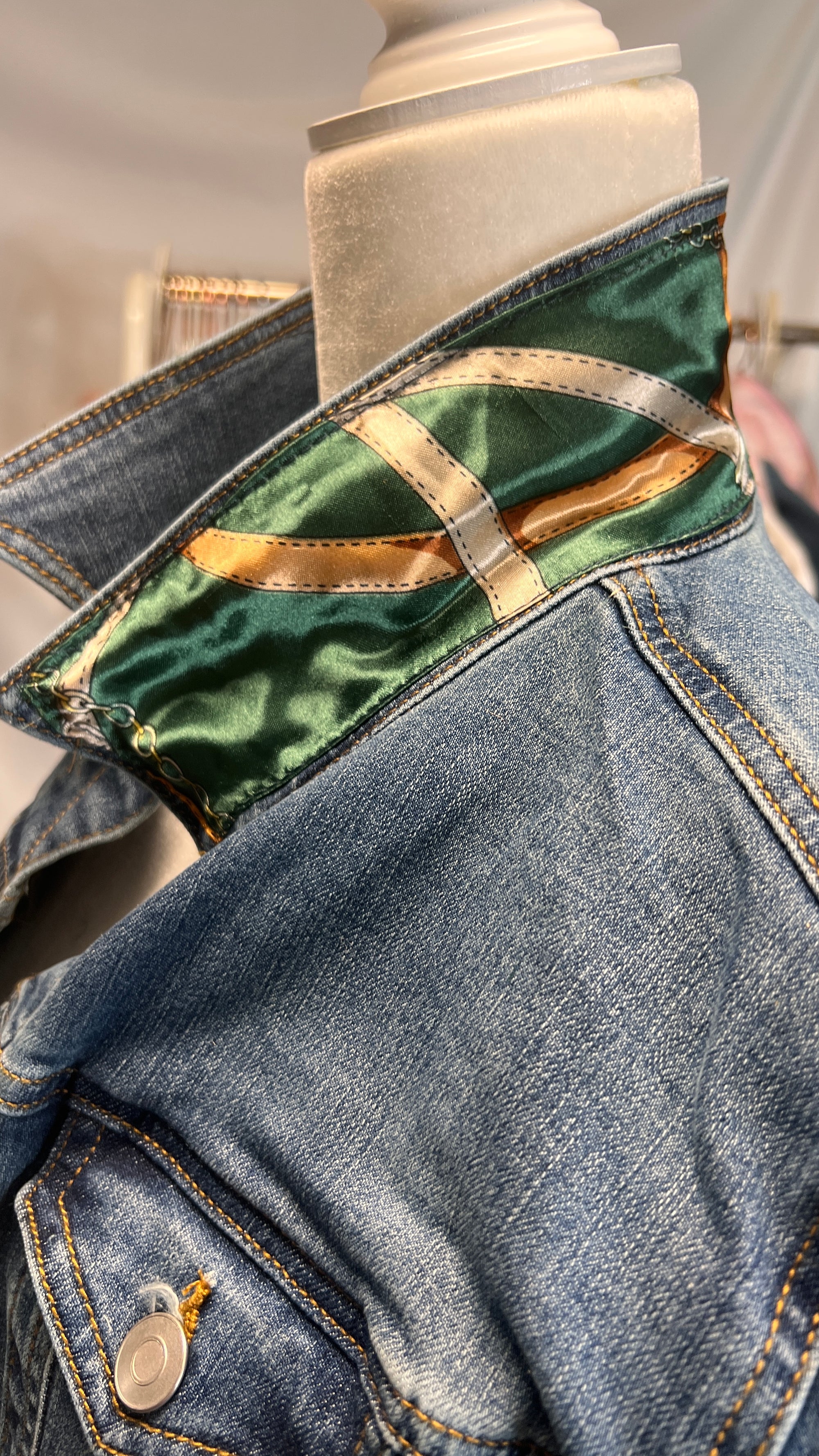 Green Bridles and Bits Scarf on Denim Jacket