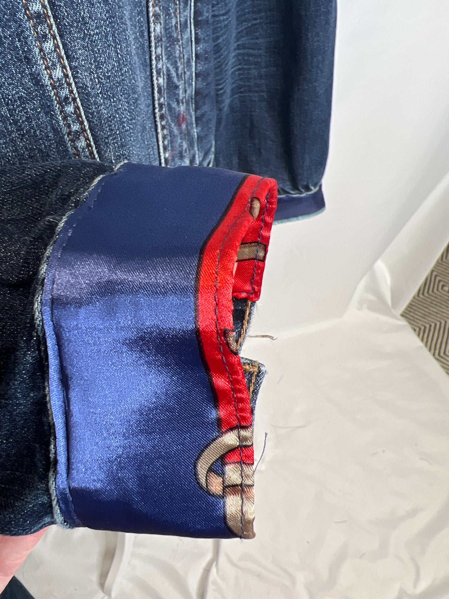 Watercolor Horses scarf on denim jacket