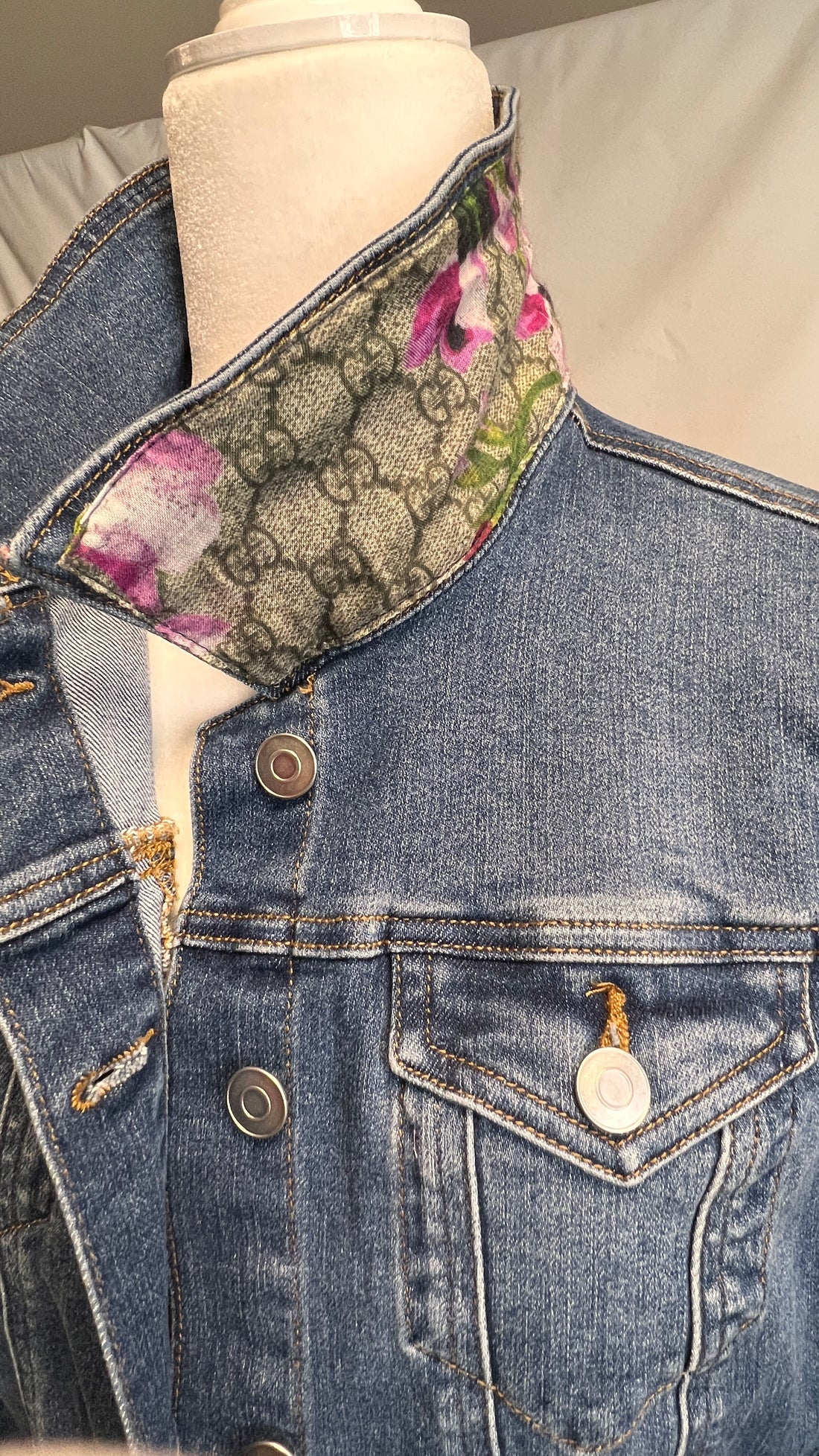 J.Coffey and Company Gucci Pink Hydrangea Bloom Scarf Denim Jacket Xs / Blue / Pink Hydrangea Scarf