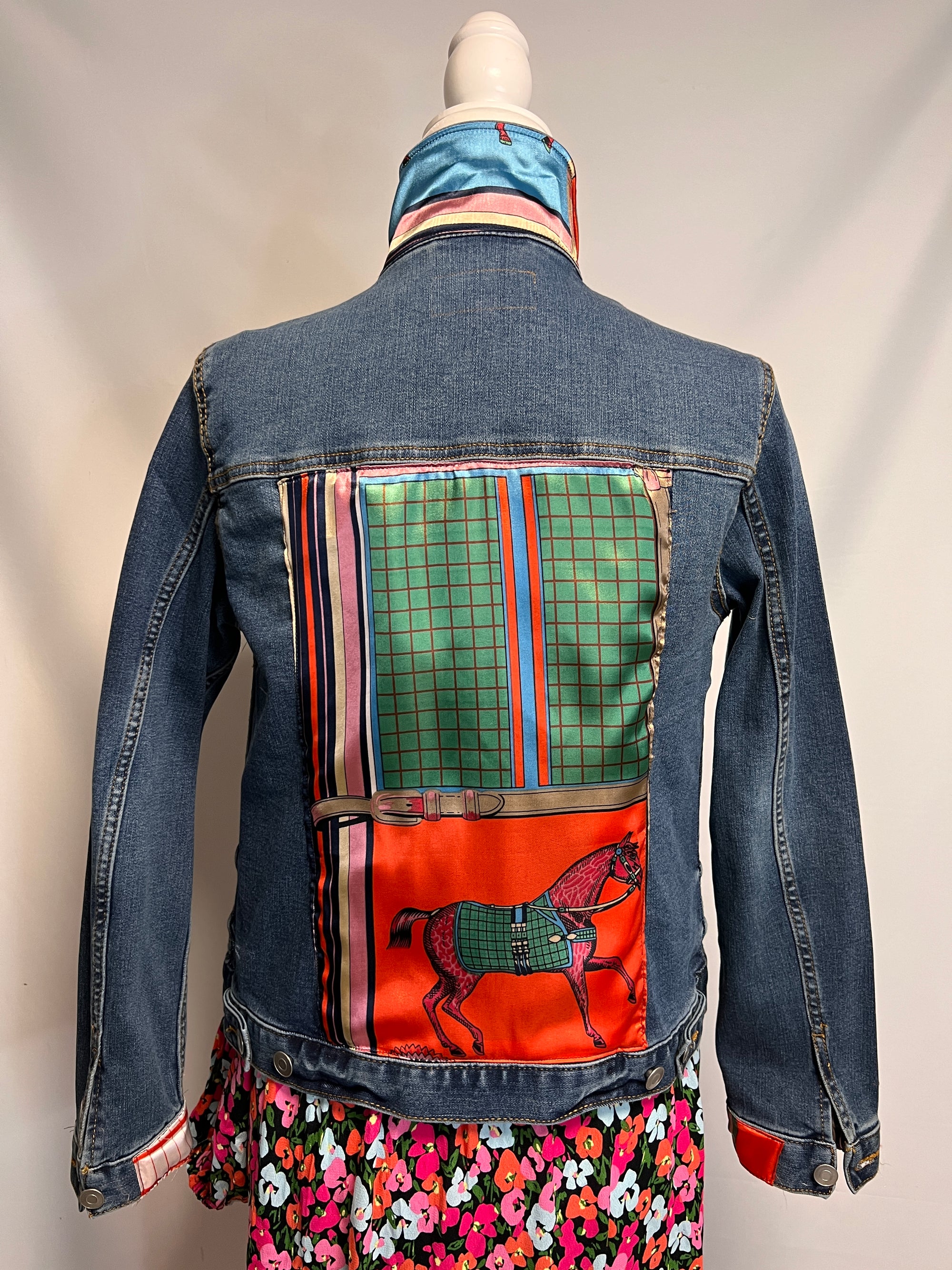 Colorful Jockey Silks Scarf on Denim Jacket