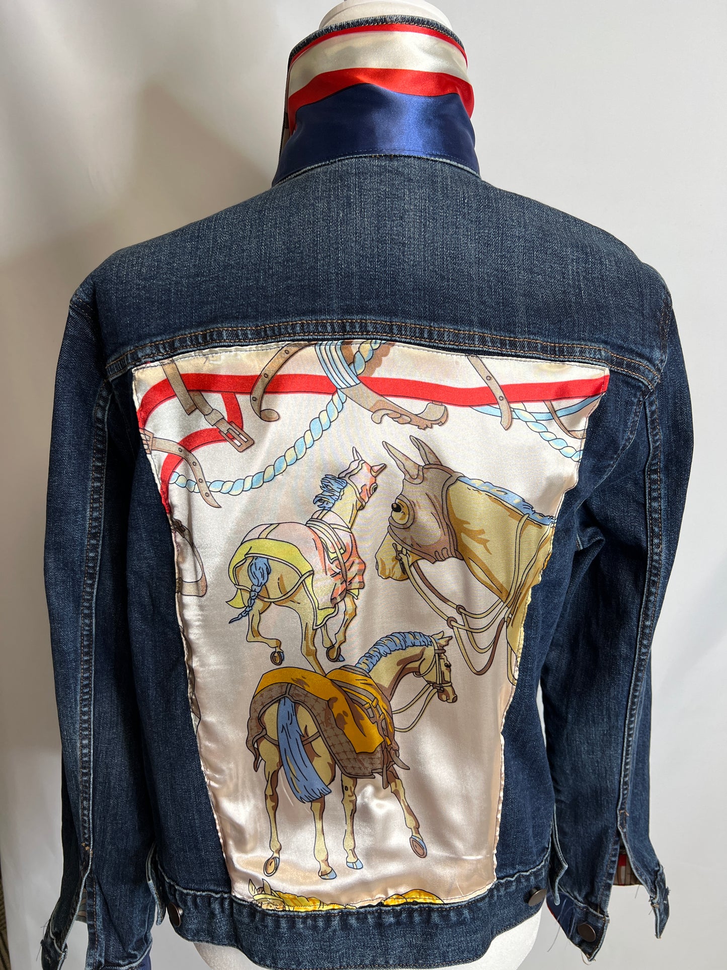 Watercolor Horses scarf on denim jacket