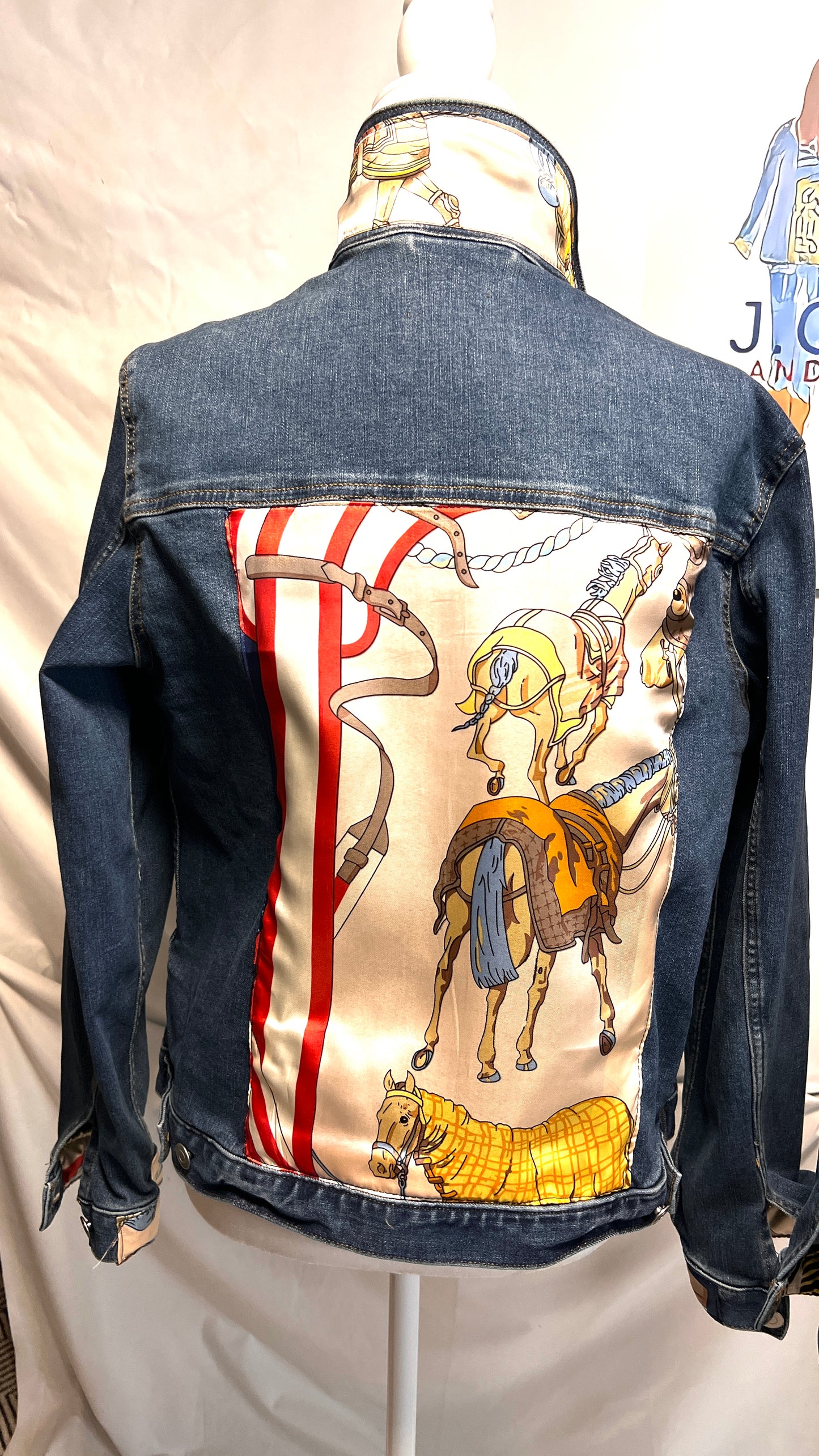 Watercolor Horses scarf on denim jacket