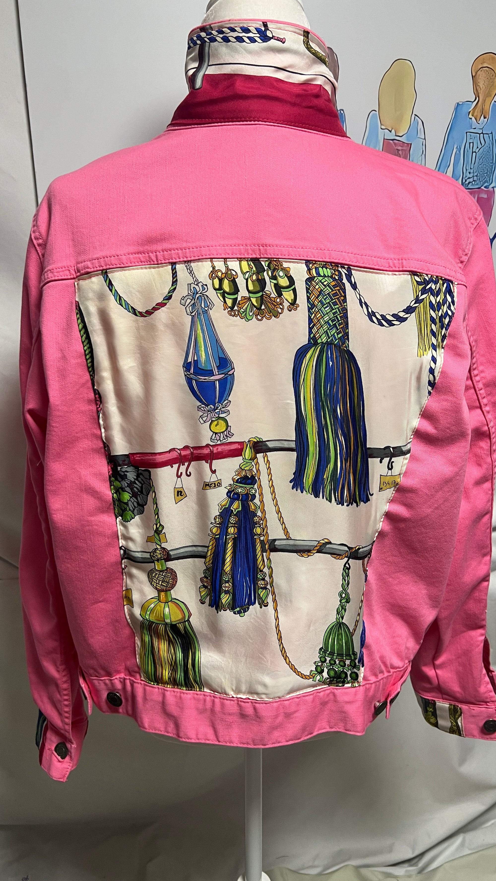 Hermes Colorful Tassels Scarf on PINK Denim Jacket